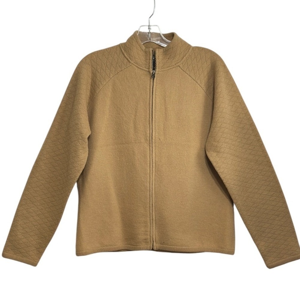 Woolrich Cardigan Sweater Womens Camel 100% Wool Zip Mock Neck Fall Winter L